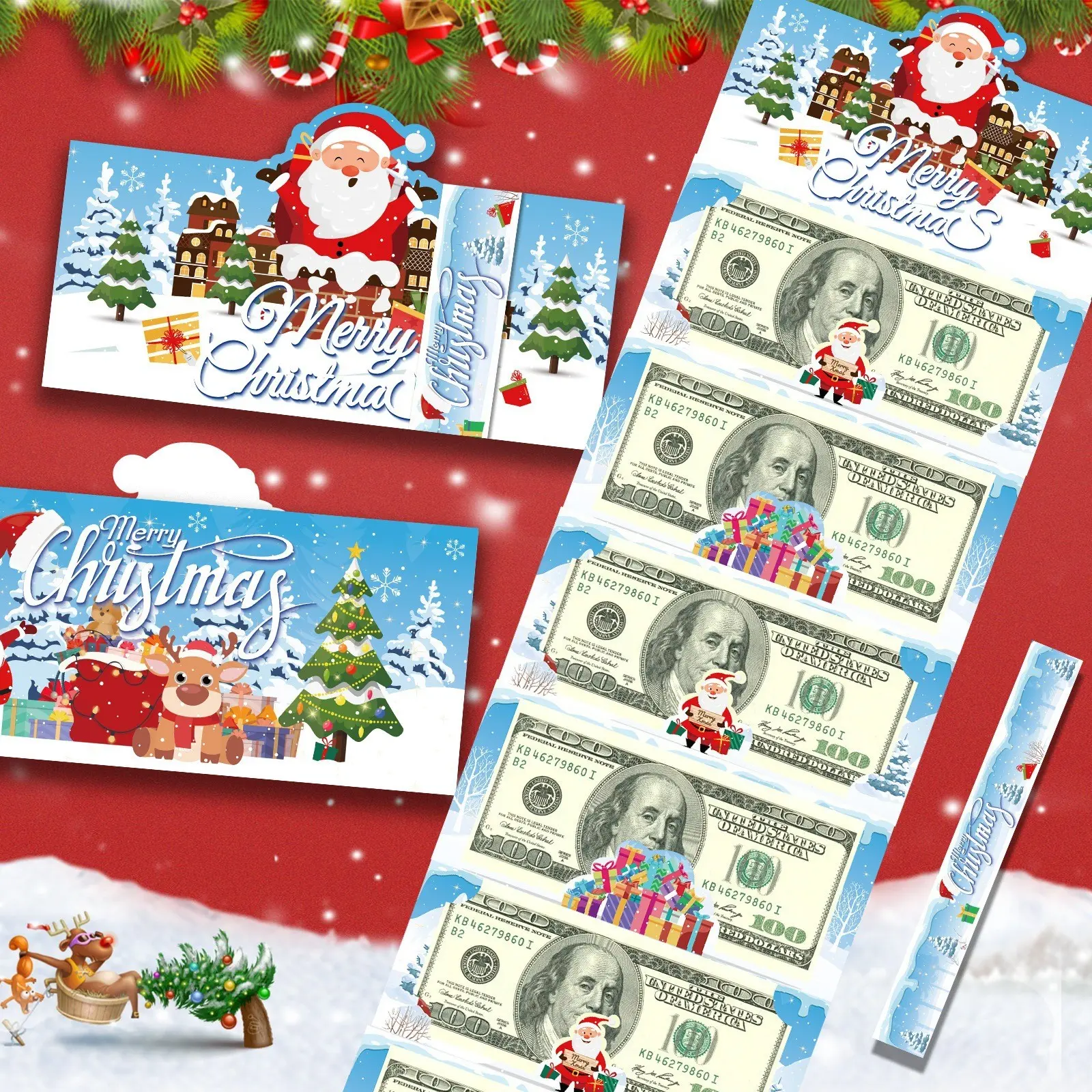 5-Piece Stretchable Christmas Gift Envelopes, Large Capacity for Cash and Gift Cards, Matching Ribbon Bow, Perfect for Holiday Gifts