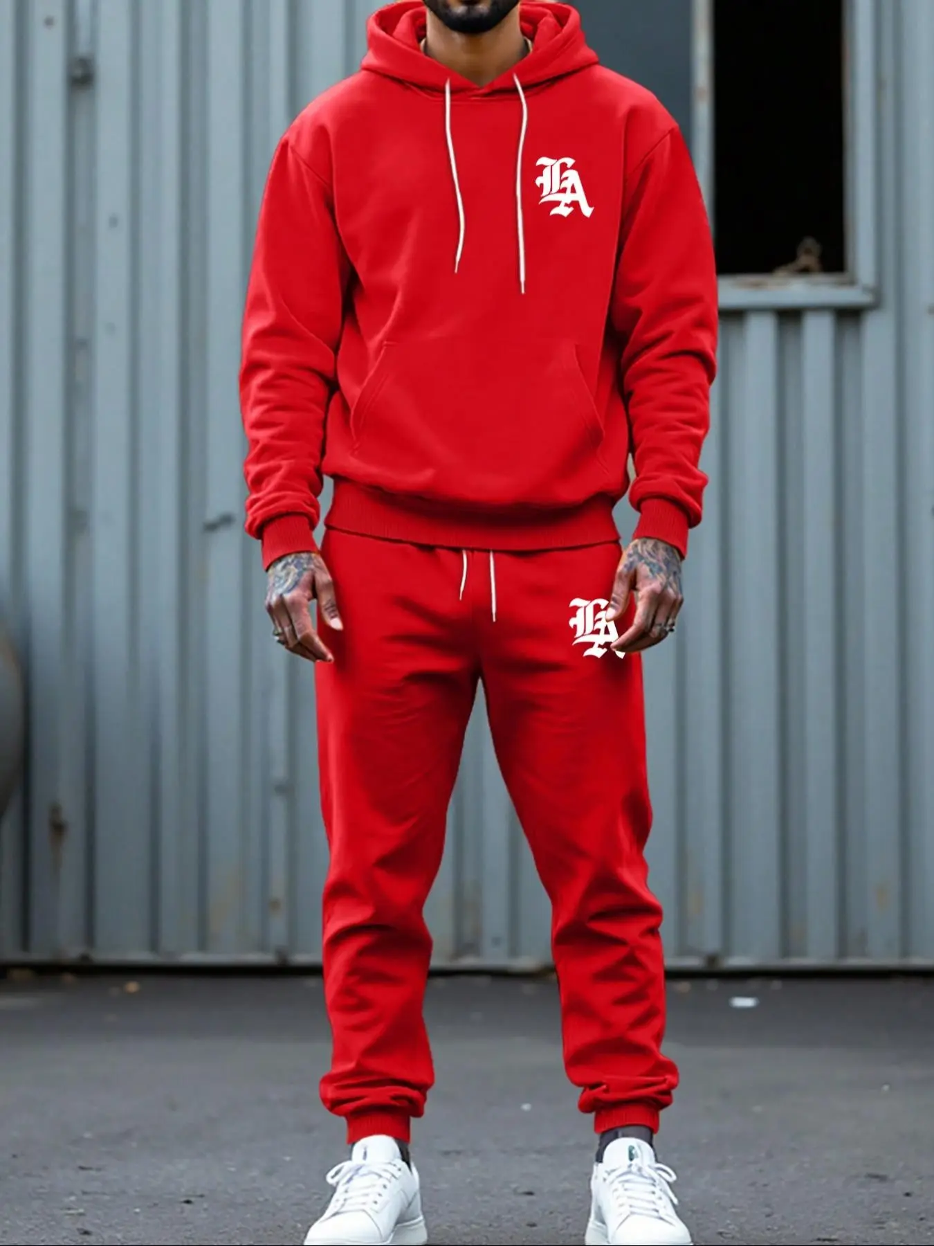Men's Casual Two-Piece Set, American La Letter Print Hoodie + Sweatpants, Soft Knit Sports Set, Kangaroo Pocket, Trendy Slim Fit