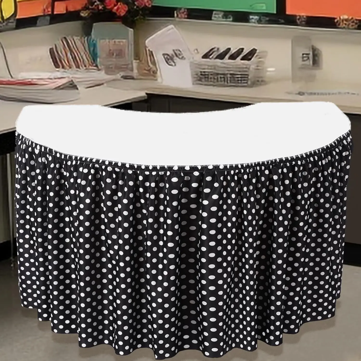14ft Black and White Polka Dot Boho Wrinkle Resistant Table Skirt, Suitable for Teacher Kidney Shaped Desk, Kindergarten Classroom Back to School Supplies