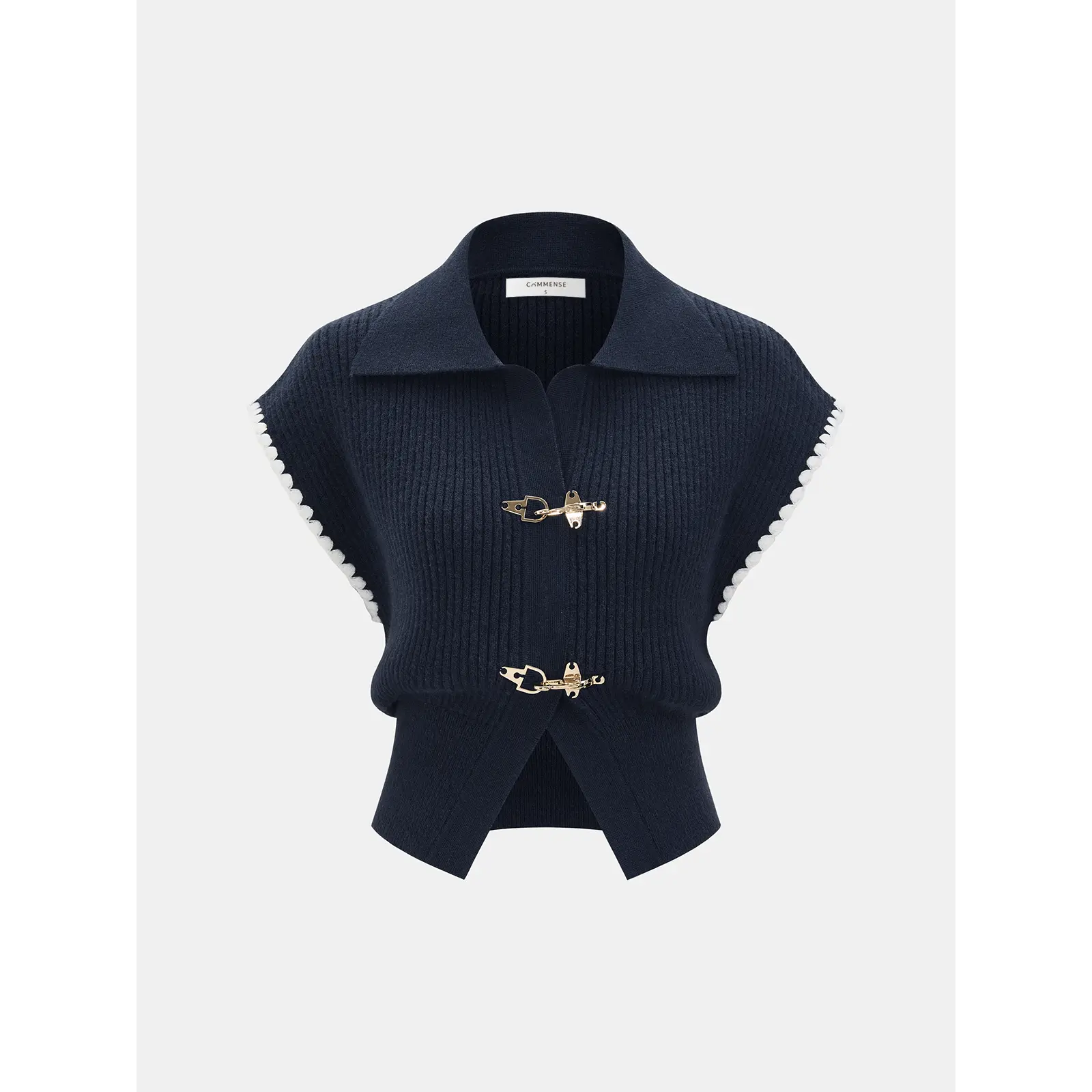 Metal Clasp Contrast Trim Collared Knit Vest