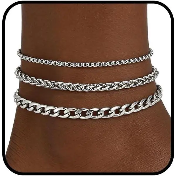 3 count Stainless Steel  Anklet for Women 14K  Cuban Ankle Bracelets for Women  Cuban Link Anklets Set Summer