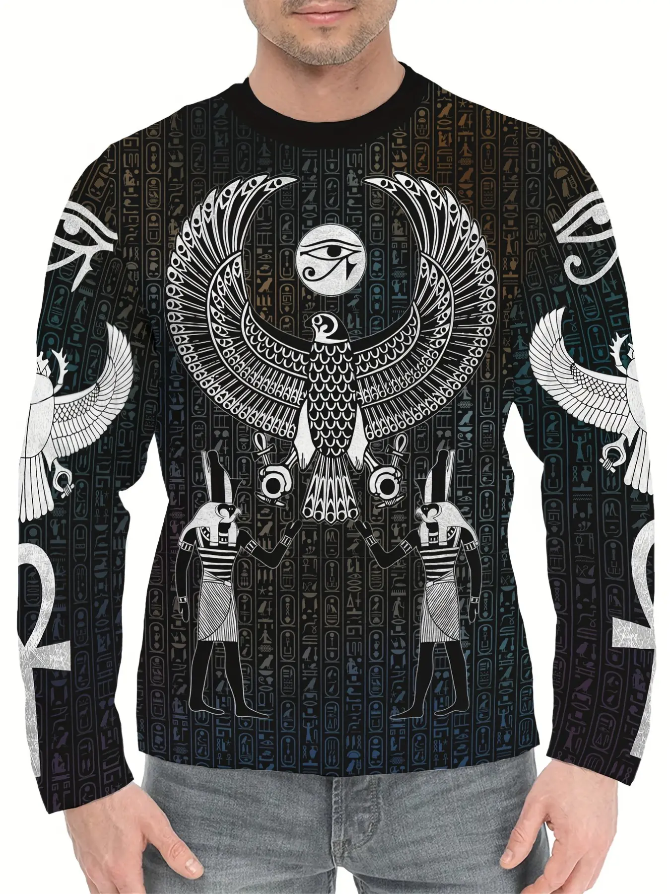 God Bird Pattern 3D Print Long Sleeve Sweatshirt, Trendy Fashion Loose Fit Top, Casual Spring & Fall Wear, Unisex Pullover