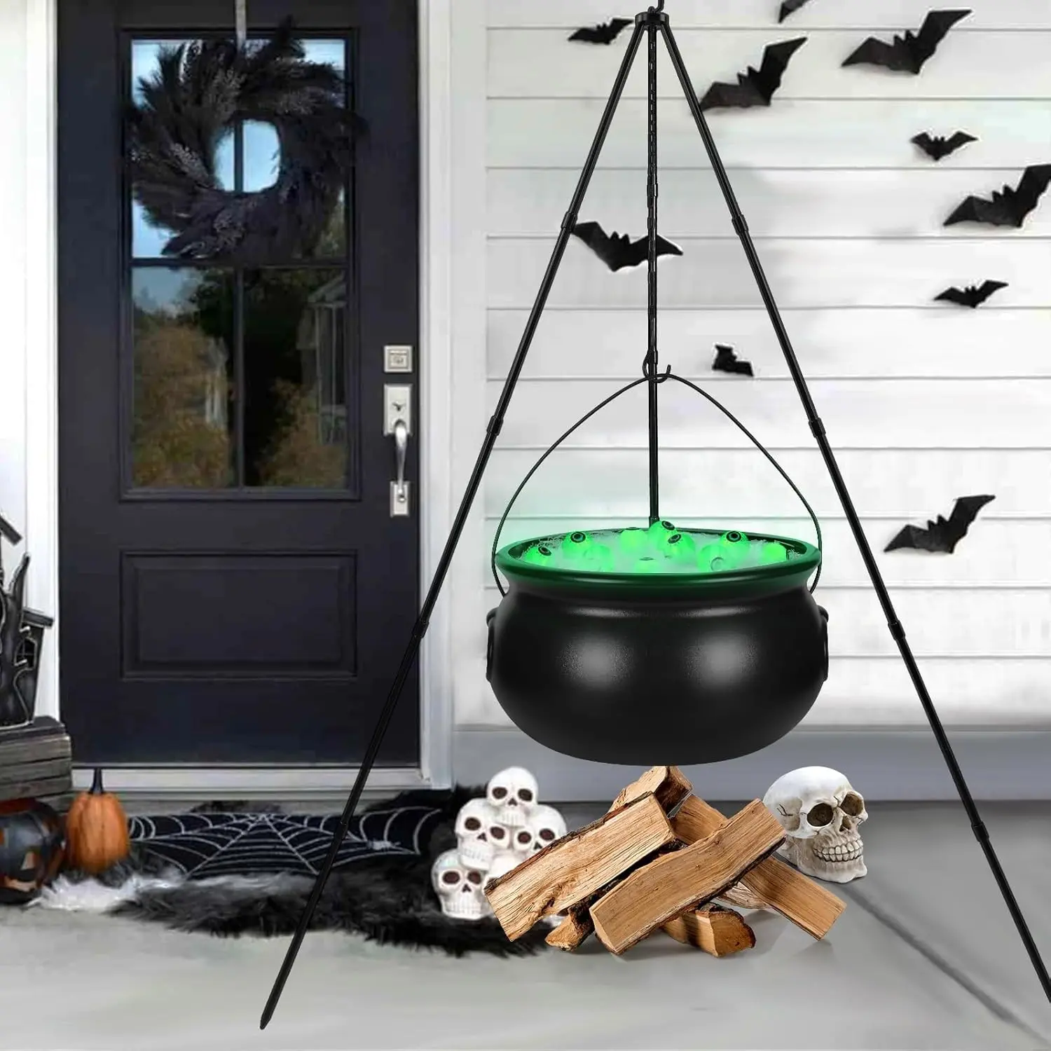Outdoor Halloween Decorations, Large Witch Cauldron on Tripod with Lights and Cotton Cloth, Plastic Witch Bowl Candy Bucket
