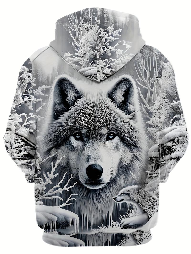 Men's Wolf Printed Hoodie - Casual Polyester Knitted Sweater with Zipper Pocket, Autumn/Winter Regular Edition Animal Pattern Hoodie