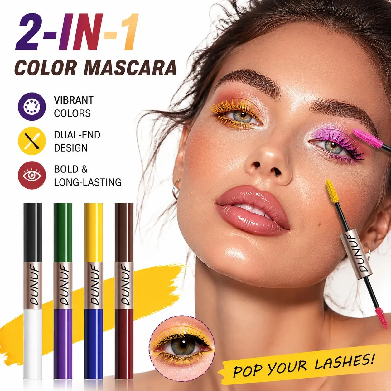 DUNUF Two-Tone Double-Ended Mascara, long-lasting, color-locking and smudge-proof, applies without clumping to create eye-catching distinctive eyelashes with an immersive vibe