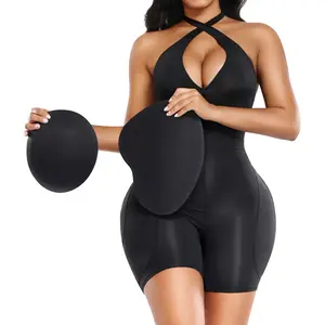 Women's Chic Basic Elastic Compression Halter Neck Tummy Control Bodysuit with Removable Contour Pads Shapewear