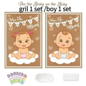 Pin The Binky On The Baby Baby Shower Party Game Kit, Neutral Gender Reveal Party Activity Poster With Pacifier Stickers Blindfold, Fun Family Baby Sprinkle Game Supplies For Boy Girl Baby Welcome Party Decorations