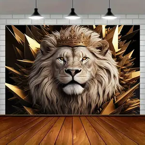 Majestic Lion & Crown Photo Backdrop, Royal Safari Theme Party Banner, King Animal Wall Decor Tapestry, Boys Birthday Photography Prop