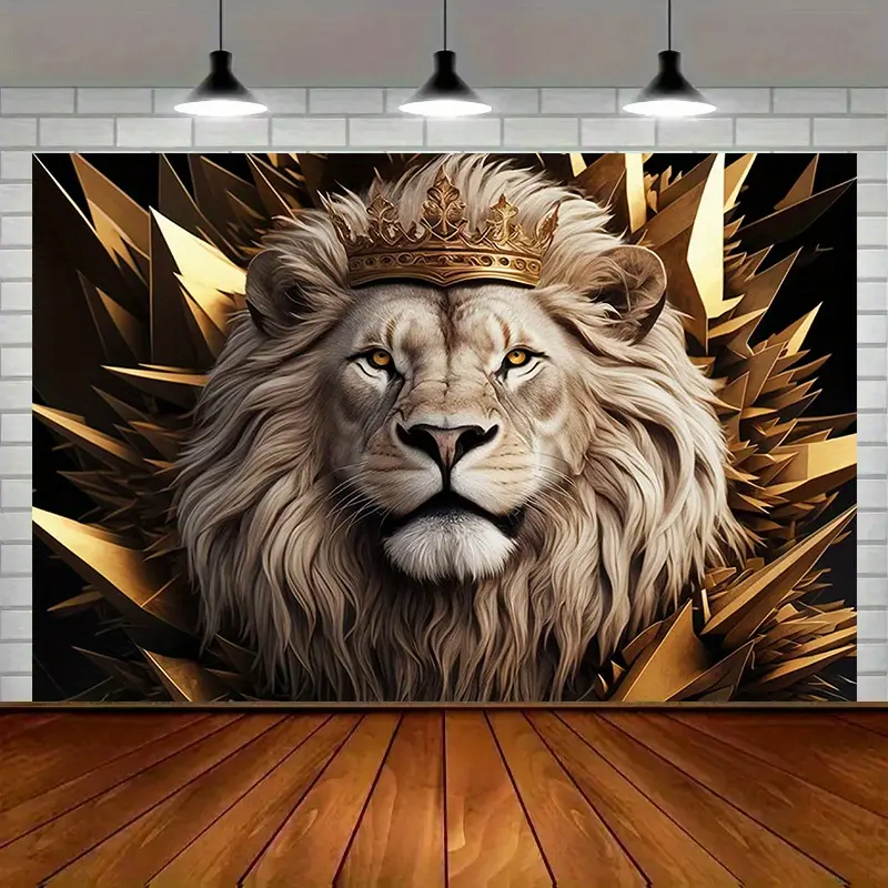 Cozy Majestic Lion & Crown Print Photo Backdrop - Royal Safari Theme Party Banner, King Animal Hanging Room Decoration Tapestry, Boys Birthday Photography Prop, Animal Print