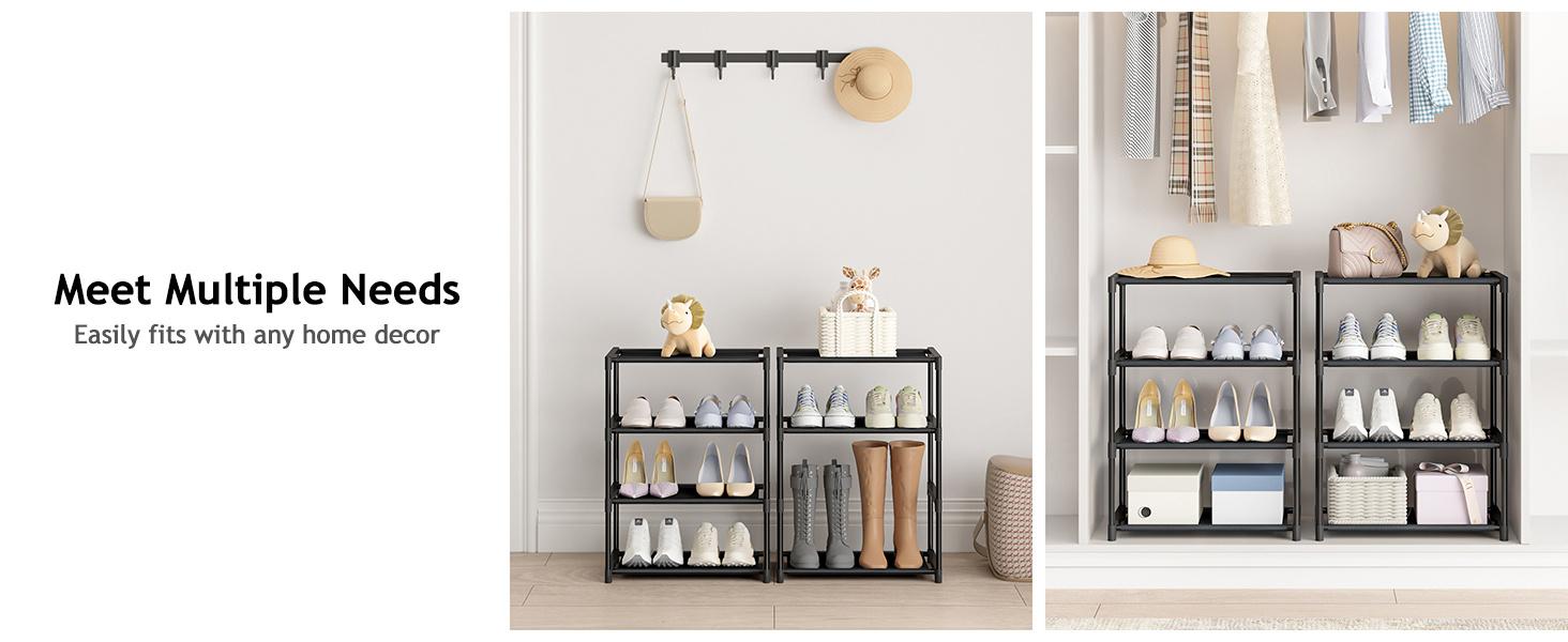 4 Tier Small Shoe Rack, Narrow Stackable Kids Toddler Adult Shoe Storage Organizer Shelf for Closet Floor Entryway Bedroom, Space Saver Shoe Rack Organization Shelves
