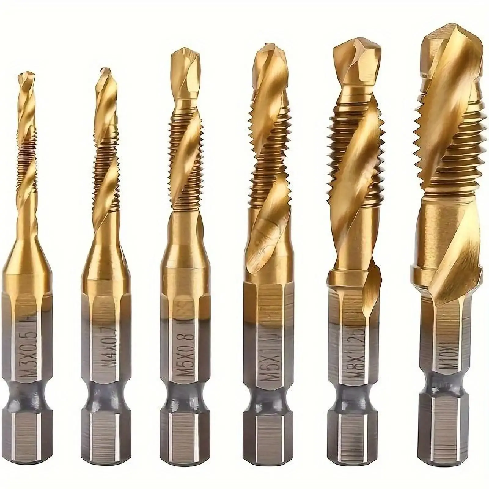🛠️ 6-Piece Metric Threading Drill Bit Set ｜ HSS Titanium Coated Hex Shank Tapping Bits M3-M10 ｜ All-in-One Drilling Tapping & Deburring Bits for Soft Metal Iron Aluminum