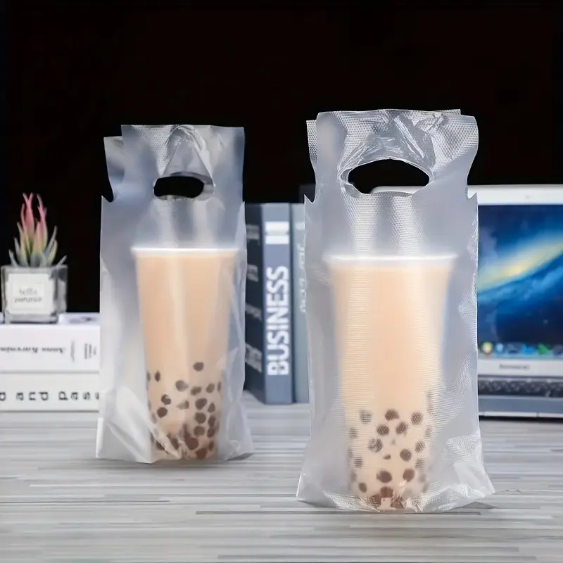 100 Pcs Matte Transparent Handle Beverage Plastic Bags, 23.67oz Food Grade Hdpe, Leak-Proof Durable Reusable Takeout Bags for Cafes, Restaurants, Matte Packaging Bag