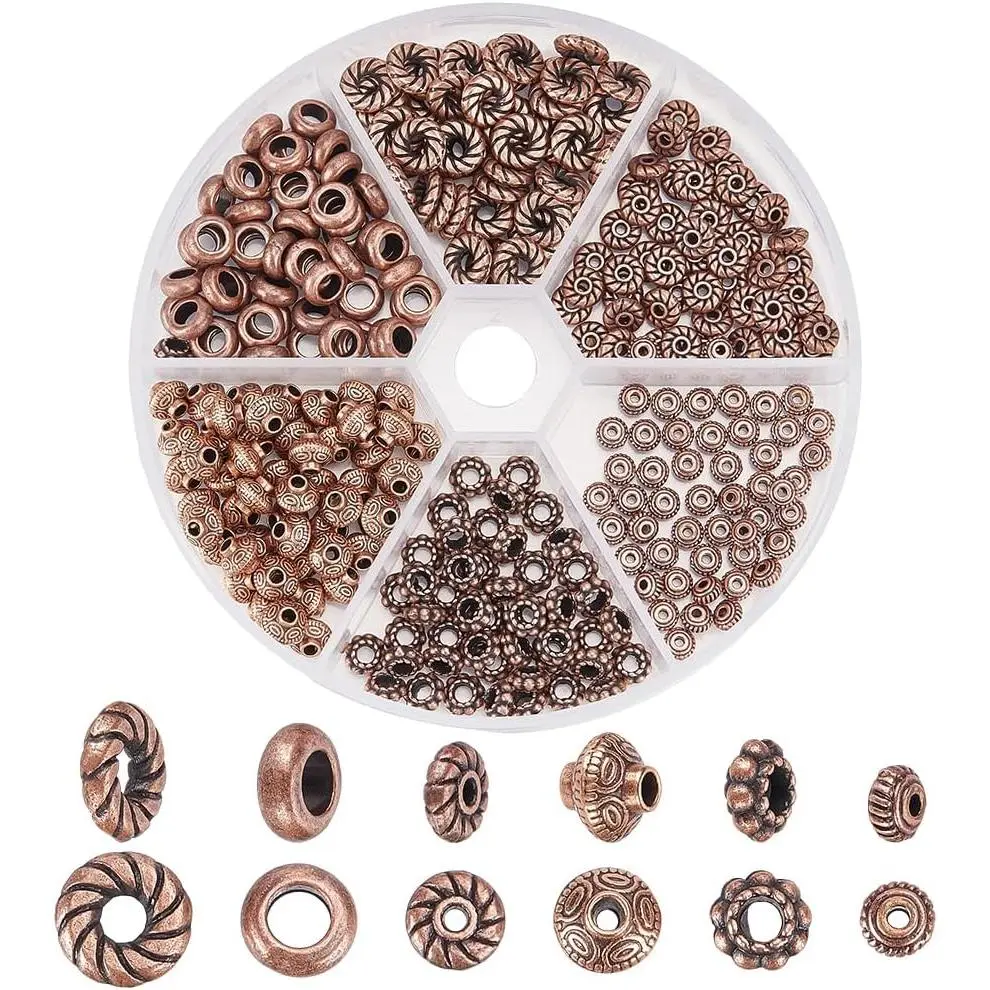 300 count 6 Styles Tibetan Spacer Beads Metal Loose Beads Bulk  Red Copper Charm Beads Alloy Flower Bead Caps Loose Spacer Beads for DIY Bracelet Necklace  Making Crafts