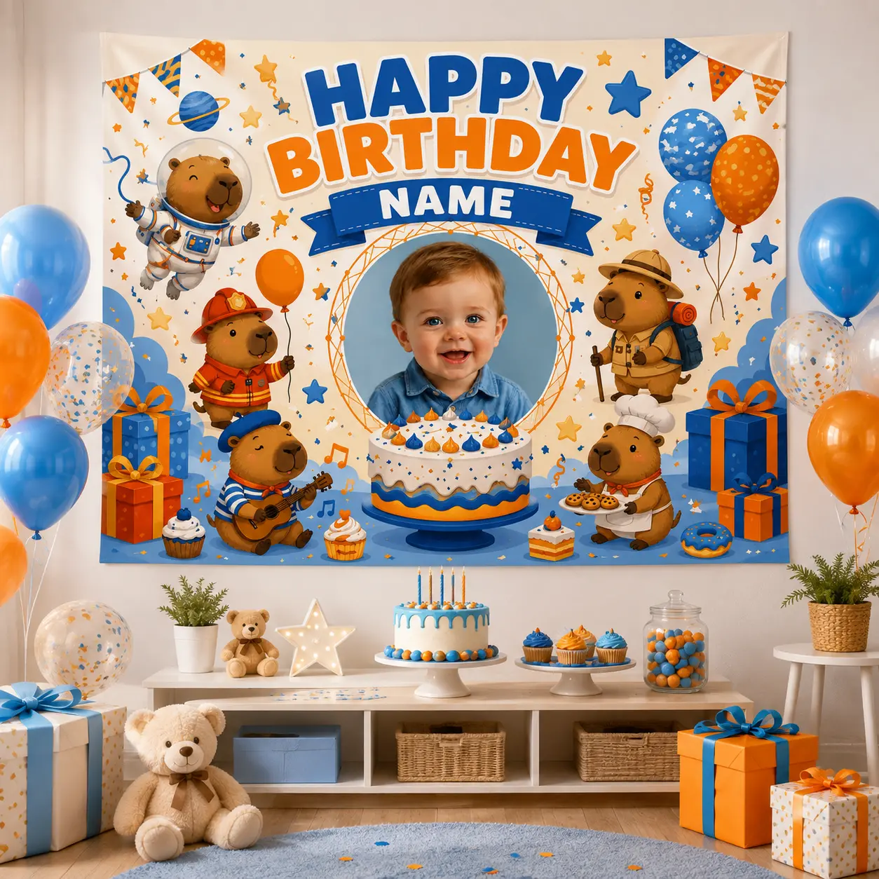 Custom Teddy Bear Baby Party Photo Backdrop - Personalized Polyester Hangable Banner with Balloon Motifs, Blue Festive Party Decoration, Baby Parties, Teddy Bears