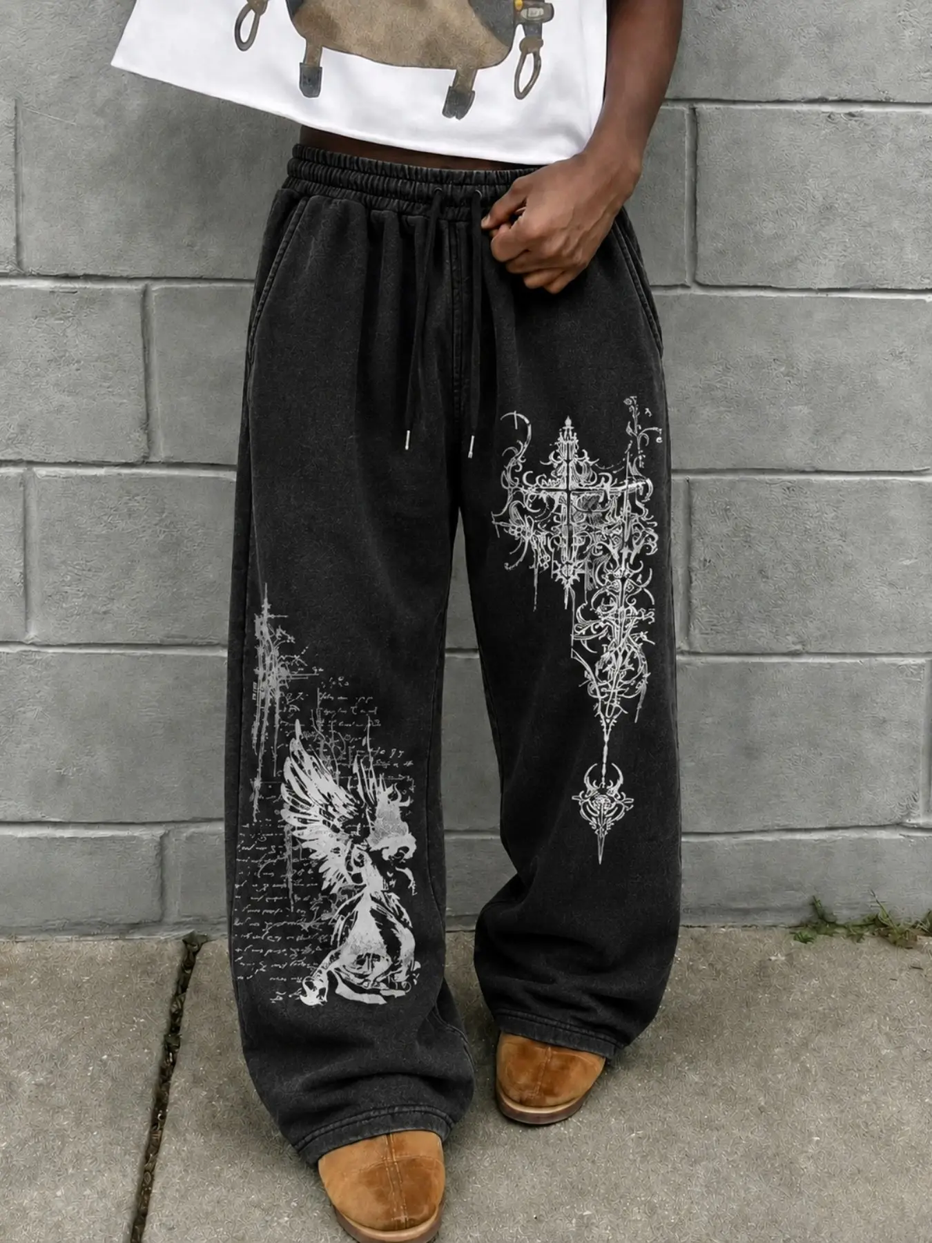 American Street Style Distressed Wide Leg Sweatpants, Washed Texture, Angel and Gothic Cross Print, Loose Fit, Vintage Aesthetic