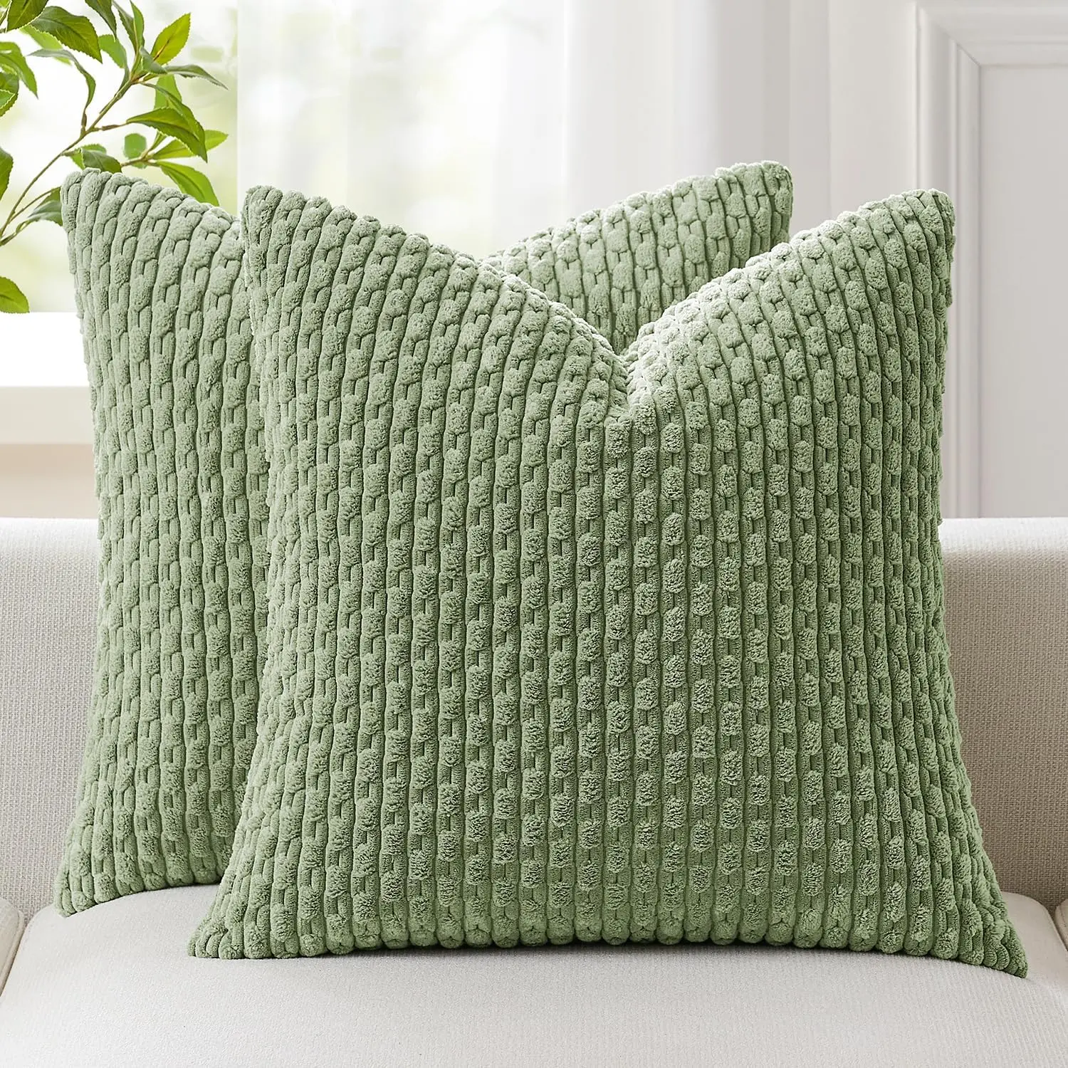 18x18 in (45x45 cm) 2-Pack Sage Green Striped Corduroy Square Cushion Covers, Soft Rustic Farmhouse Boho Throw Pillow Cases for Living Room Couch Home Decor, Stripes, 18 X 18 (Pack Of 2)