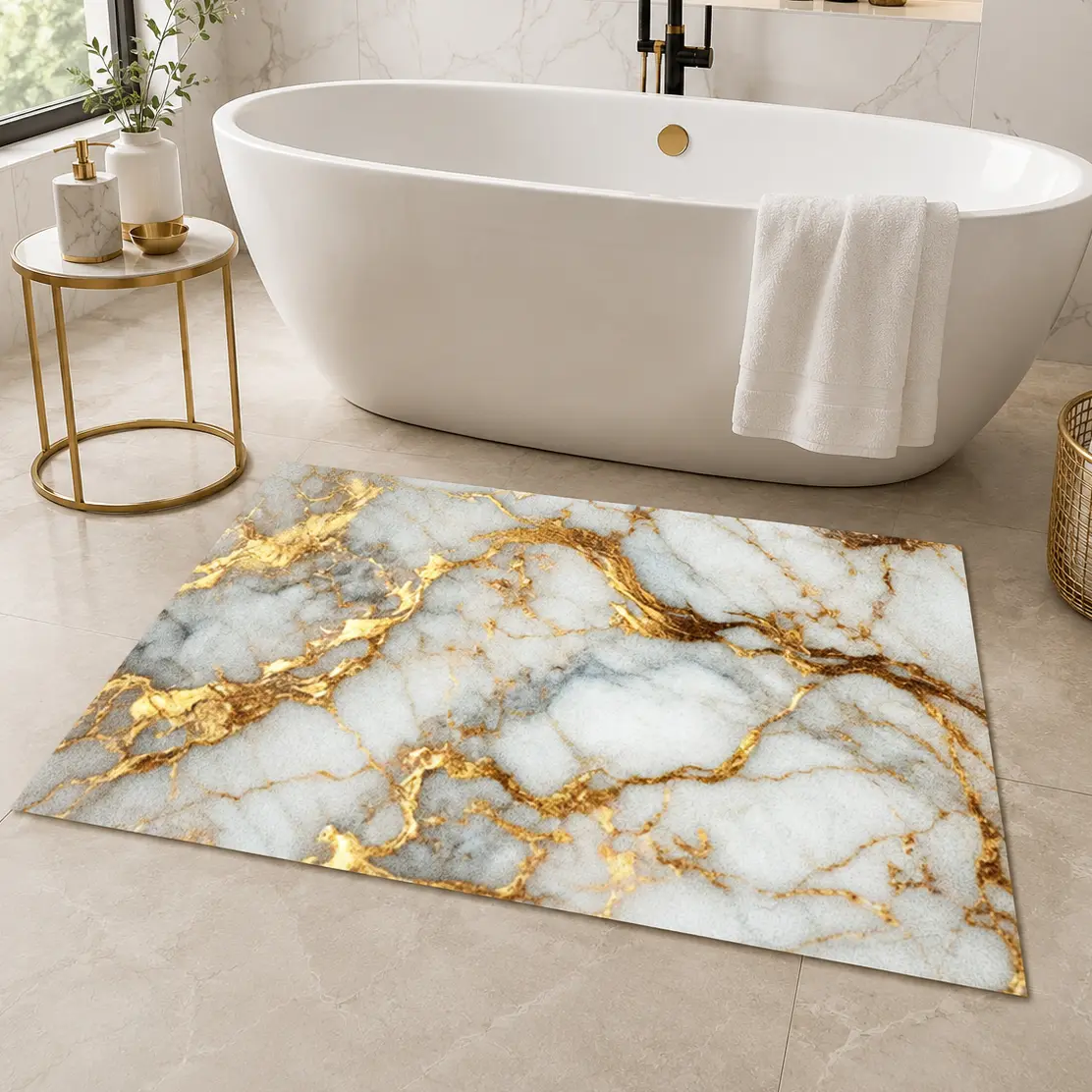 Luxury Marble Texture Area Rug, White Gold Vein Diatomite Mud Absorbent Floor Mat, Non-Slip Quick Dry Stain Resistant Earth Doormat, Elegant Modern Waterproof Decor Rug for Front Entryway Bathroom Kitchen Hallway