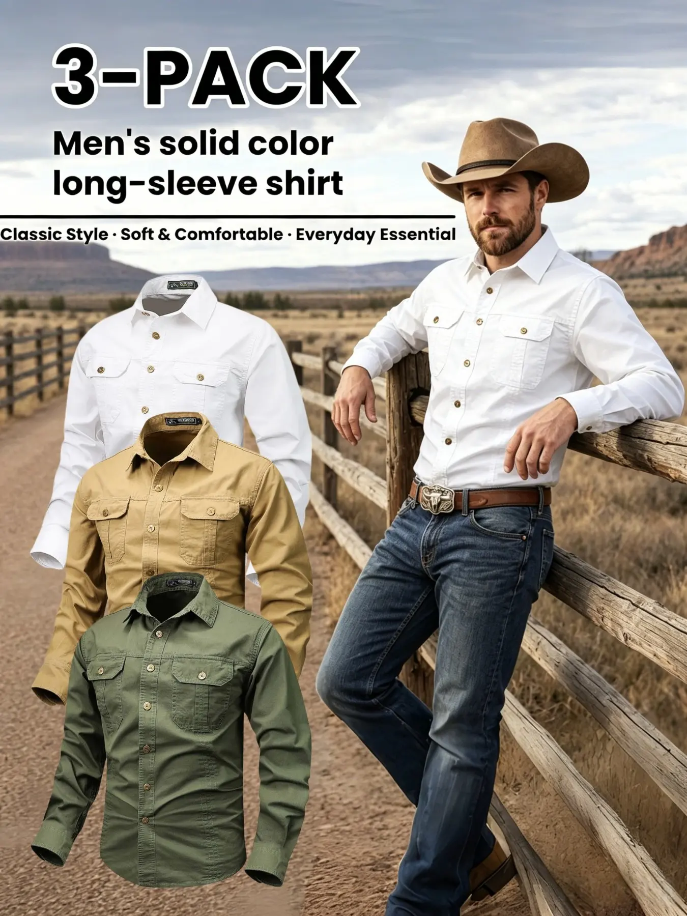 3-Pack Men's Long Sleeve Plain Classic Work Shirt, Dual Chest Pockets, Casual Button Front, Casual Outdoor Style, Ideal for Hiking, Fishing, Daily Wear, Slim Fit, Menswear