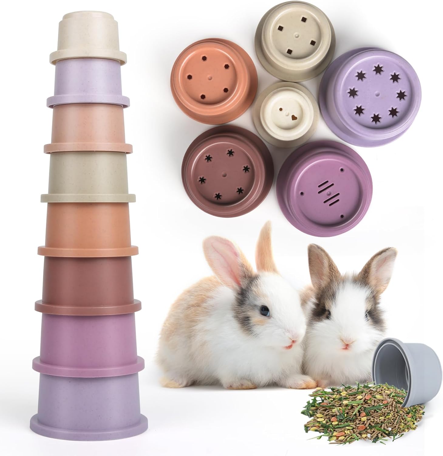 8PCS Stacking Cups for Rabbits, Stackable Bunny Toys, Natural Sugarcane Plastic Pet Nesting Snack Container, Chinchilla, Guinea Pig and Parrot Enrichment Playset for Hiding Food Colorful Bunny Stacking Cups