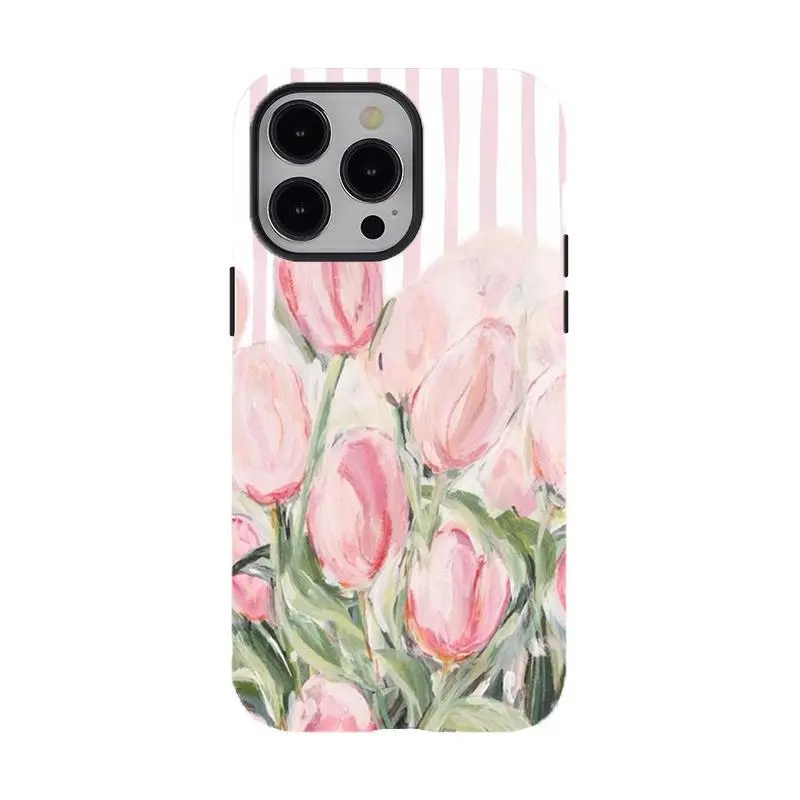 Coquette Pink Tulip Oil Painting Phone Case,Durable 2-piece design tough phone casing for iPhone 17 16 15 14 13 12 11 8 7 for Samsung Series,Coquette Aesthetic Tough Cover,French Pastel Stripe Aesthetic Shockproof Cover,perfect gift for her