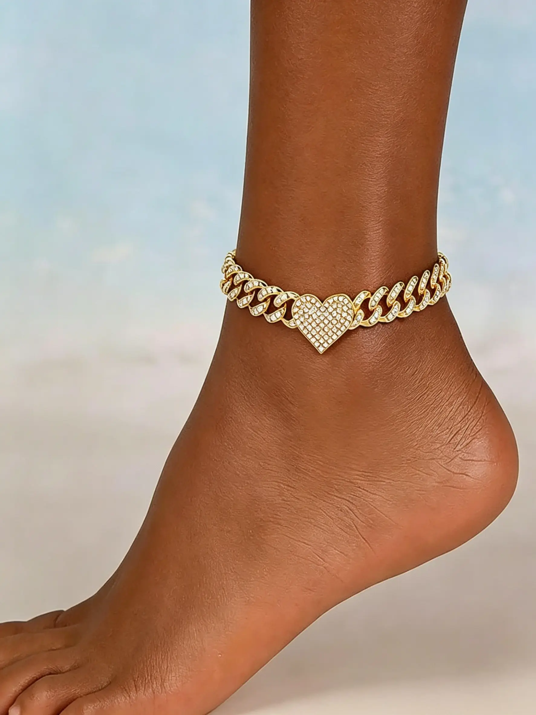 Fashion Women's Shiny Butterfly Anklet, Adjustable Rhinestone Beach Barefoot Jewelry, Silver Color Double Layer Heart Cuban Chain, Perfect Gift for Holidays