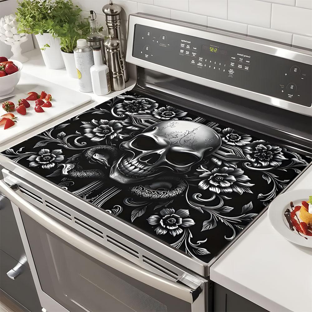 2DFlatSkull Pattern Kitchen Gas Stove Protector Cover Mat, 1 Count Scratch Resistant & Easy To Clean Grill Mat, Stove Top Protectors for Flat Top Oven