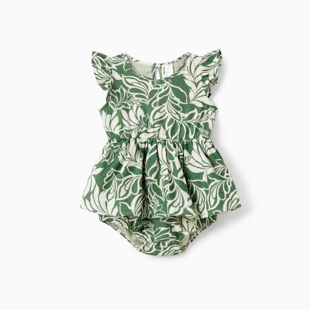 PatPat Family Matching Leaf Print Short-sleeve Shirt or Halter Dress Green Set Spingtok