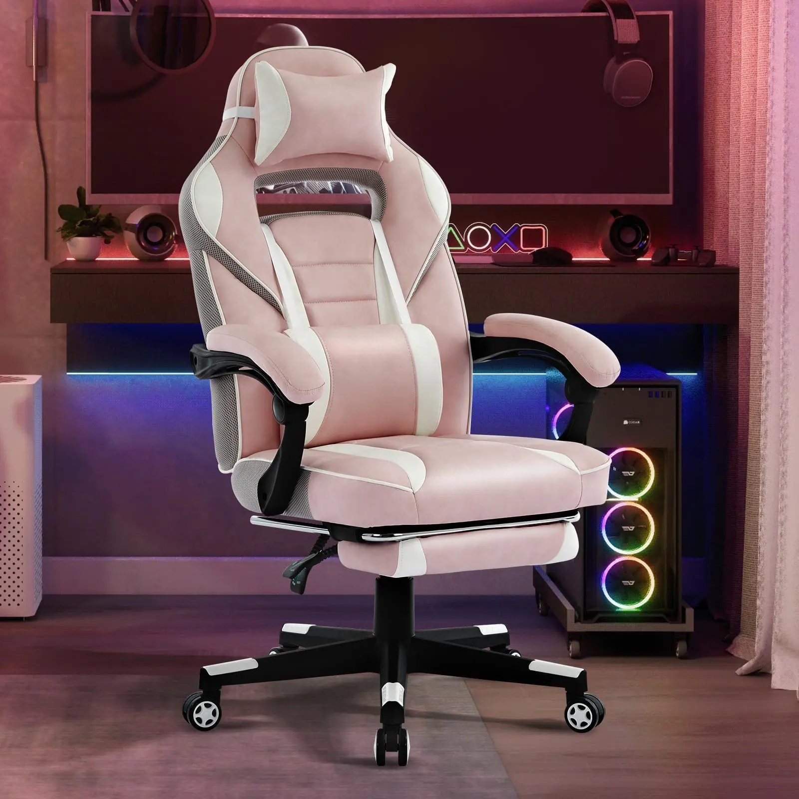 Pink PU Leather Gaming Chair with Retractable Footrest, 360° Swivel, Adjustable Height, Ergonomic Lumbar & Headrest – Fits Play Room, Home Office, Bedroom