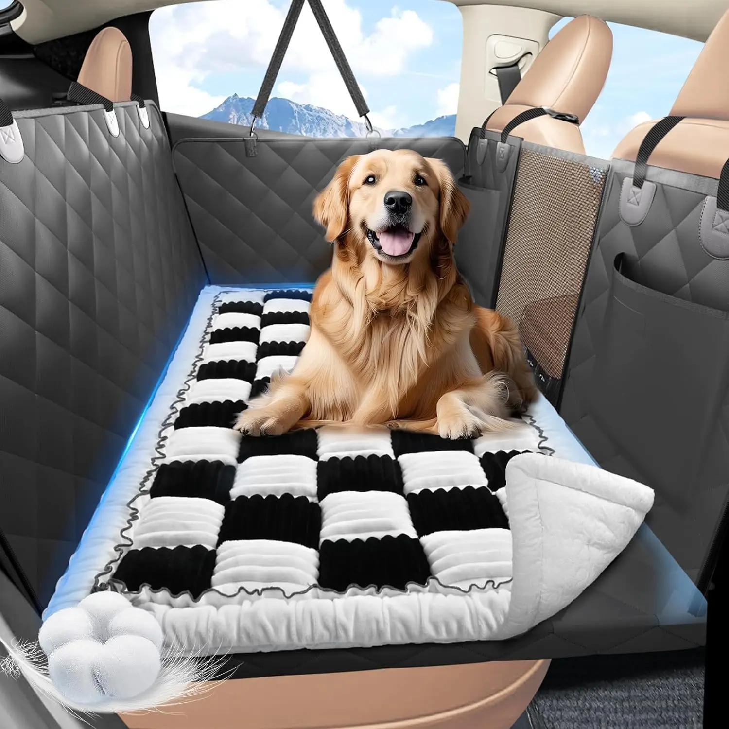 Checkered Backseat Dog Bed - Non-Slip PP Cotton Fabric Car Pet Mat, All Seasons Use with Breathability in Summer, Backseat Extender & Seat Covers for Travel (51"x23.5")