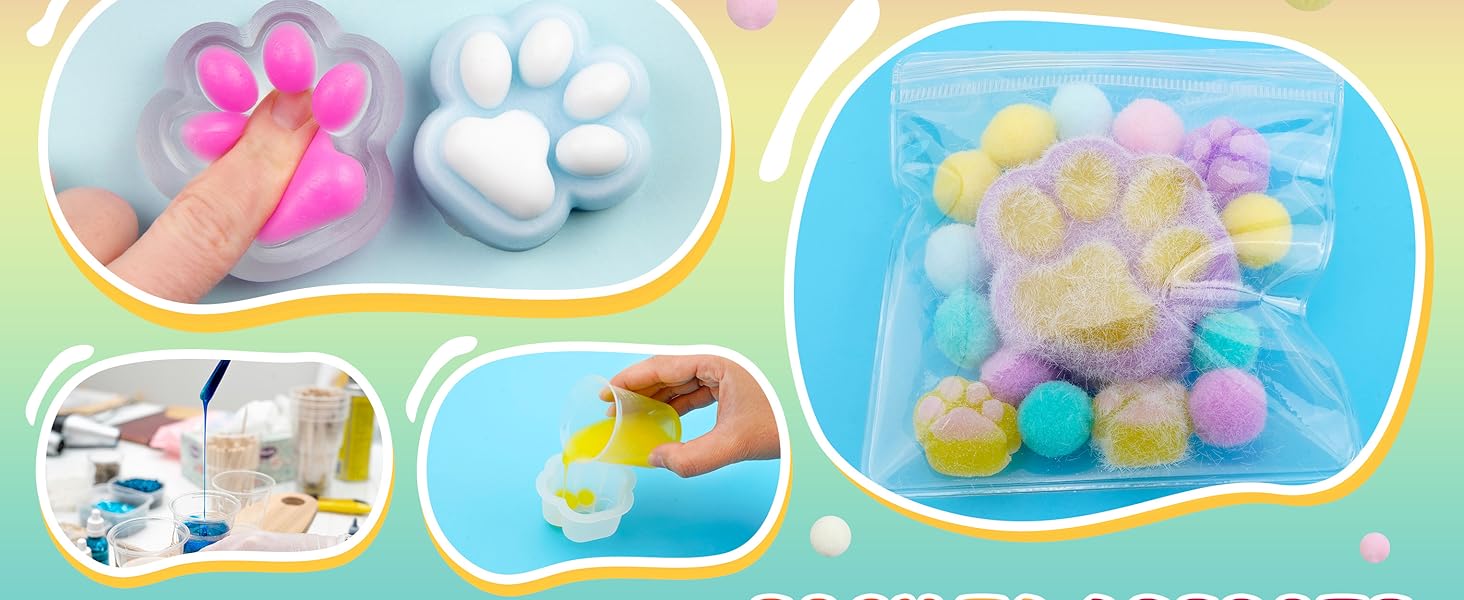 Cat Paw Squishy Kit - 18OZ Rubber with Guided, Bubble Free and Faster Fully Cures - FuFu Squishy Kit with Mold, Flocking Powder - Stress Relief Entertainment