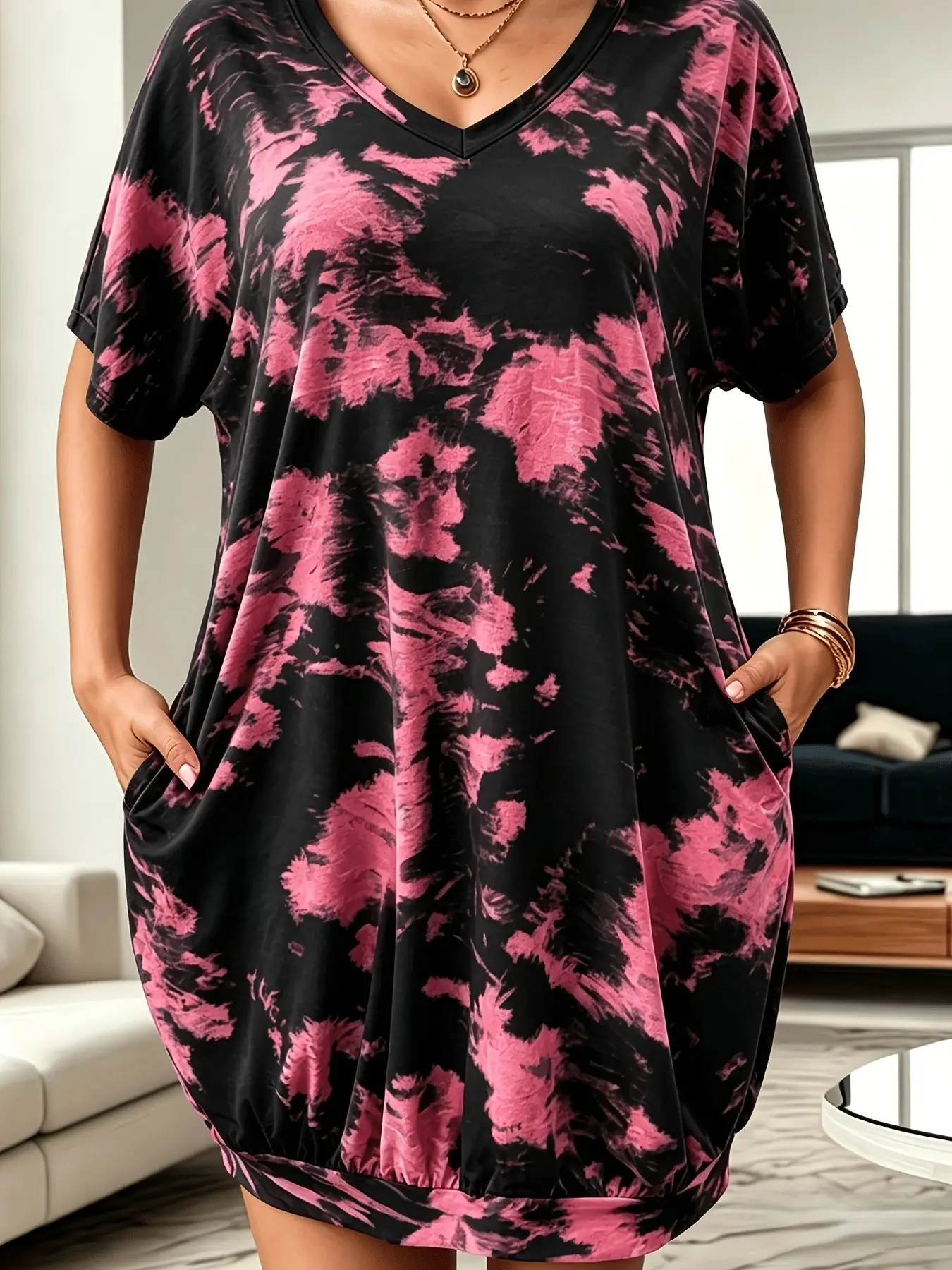 Plus Size Tie-Dye Print V-Neck Short-Sleeve Pockets Dress, Bohemian Summer Dresses, Y2K Clothes, Casual Summer Wear, Stylish Womenswear, Comfortable Relaxed Fit Dress, Boho Summer Dresses