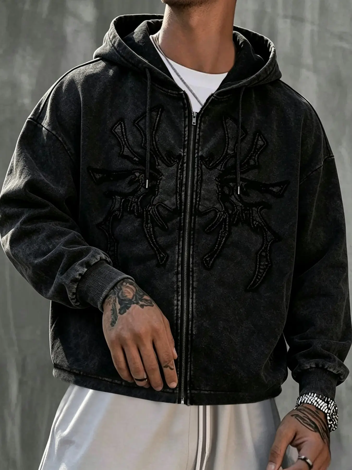 Men's Fall Winter Washed Vintage Zipper Hoodie, Dark Gothic Spider Skull Embroidery, Loose Fit Long Sleeve Jacket, Y2K Punk Streetwear, Casual