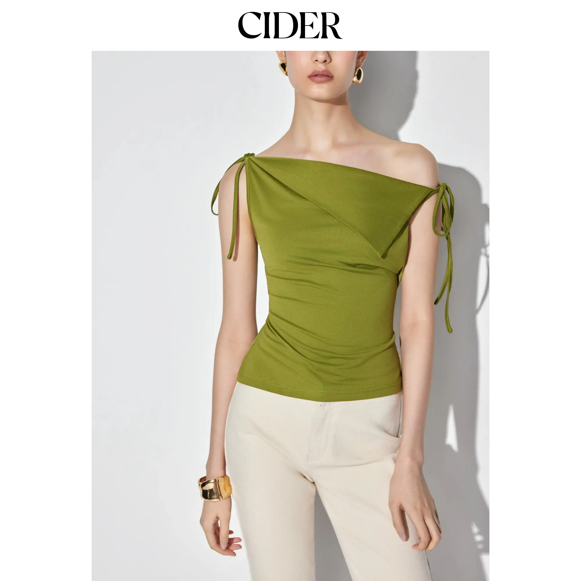 Cider Asymmetrical Neck Draped Knotted Tank Top