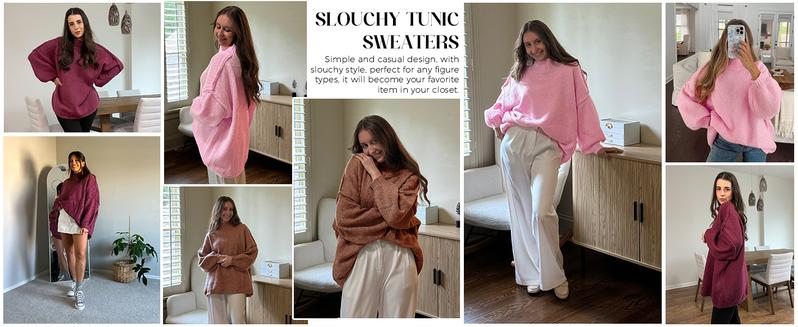 PiePieBuy Womens 2025 Trend Oversized Sweater - Mock Neck Batwing Sleeve Tunic Ribbed Knit Fall Top