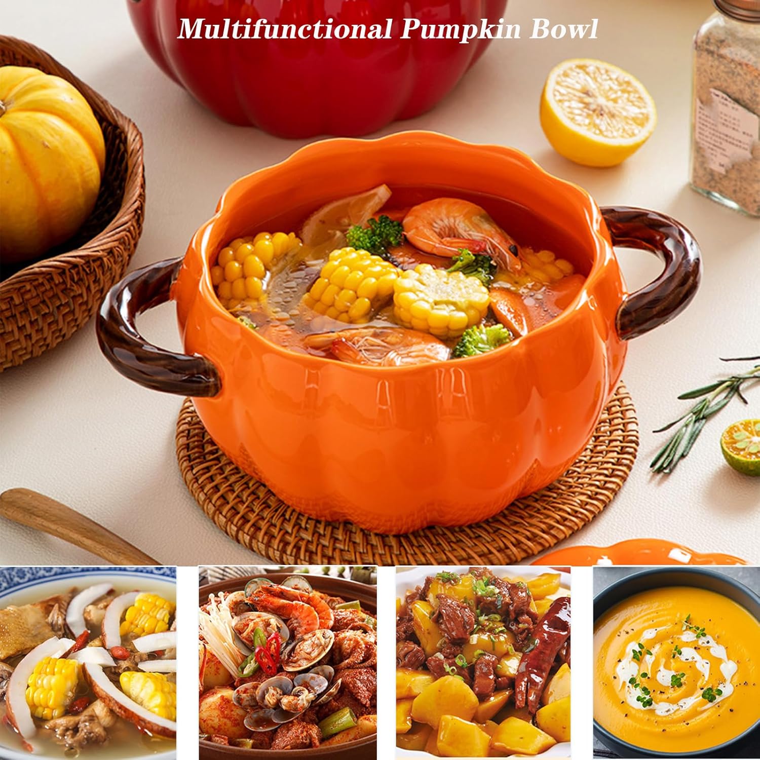 Pumpkin Ceramic Pot, Stew Pot, Pumpkin-shaped casserole is very suitable for baking, dessert and side dishes, and can also hold all kinds of snacks and sweets. It is an ideal gift for family and friends on Halloween, Christmas, Thanksgiving and New Year.