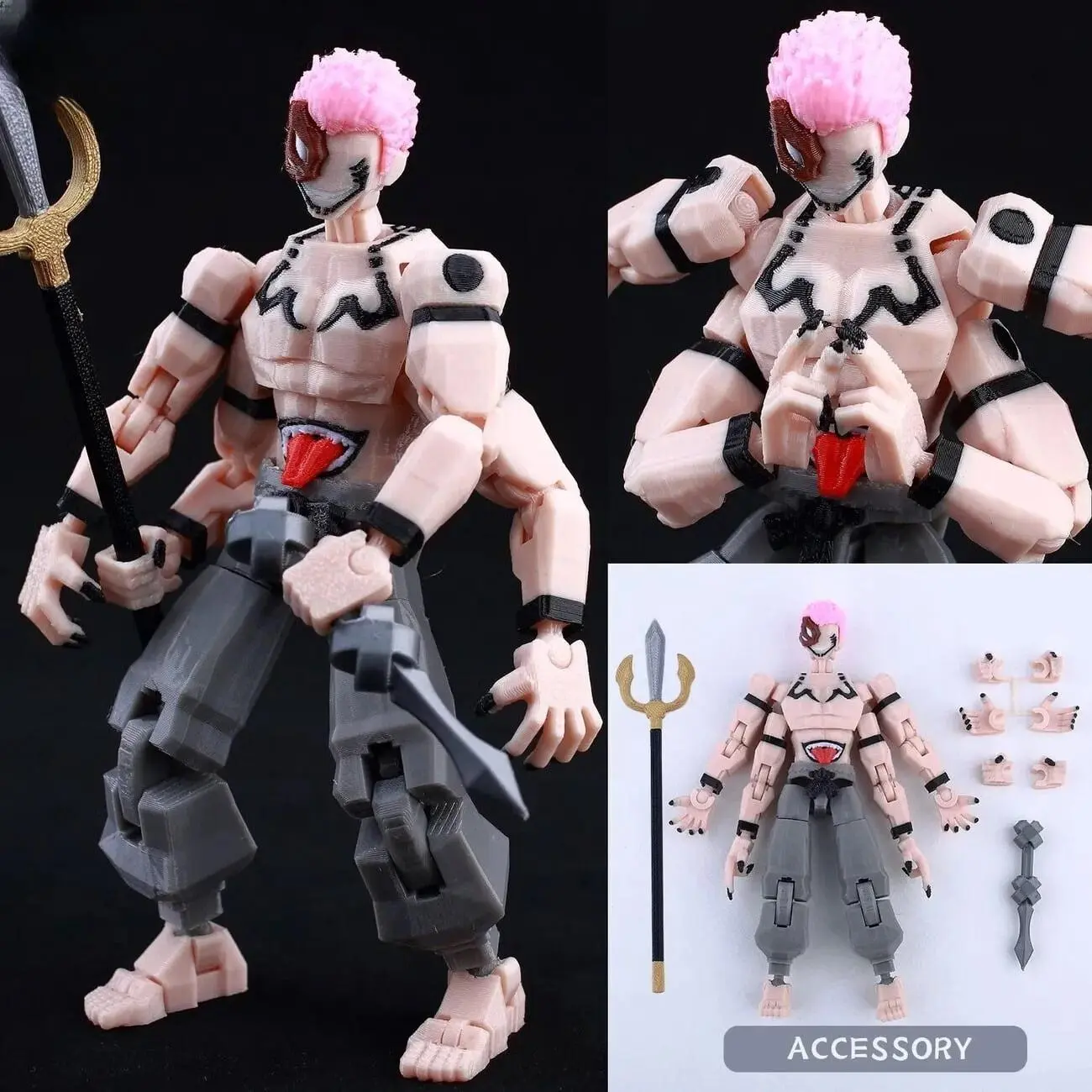 JJK Sukuna 3D-printed articulated figure featuring movable joints and interchangeable accessories—a mini, anime-style collectible.