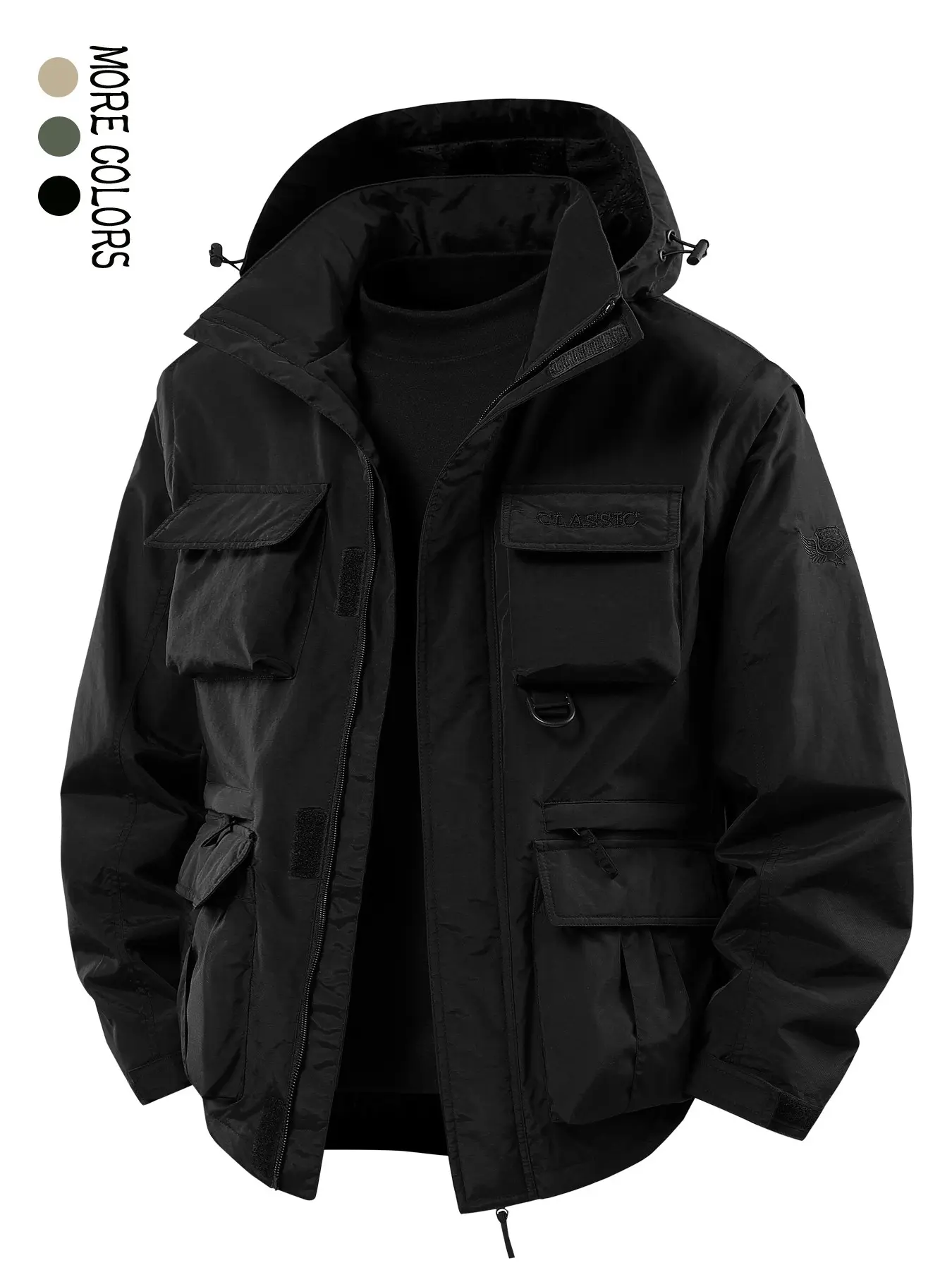 Men's Spring & Fall Detachable Hooded Jacket, Coats, Casual Multi-Pocket Workwear Vest, Outdoor Activities, Loose-Fitting, Plain Pattern