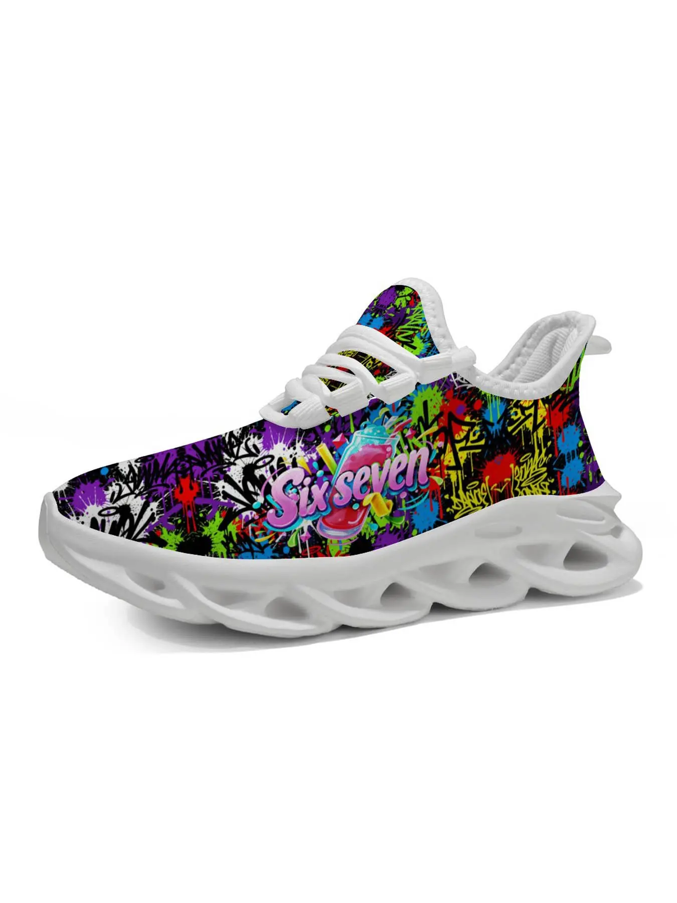Graffiti Style Kids Sports Shoes, Vibrant Artistic Print, Comfortable Laces, Thick Sole, Thick Soled Trainers, Girls' School Playground Training Shoes
