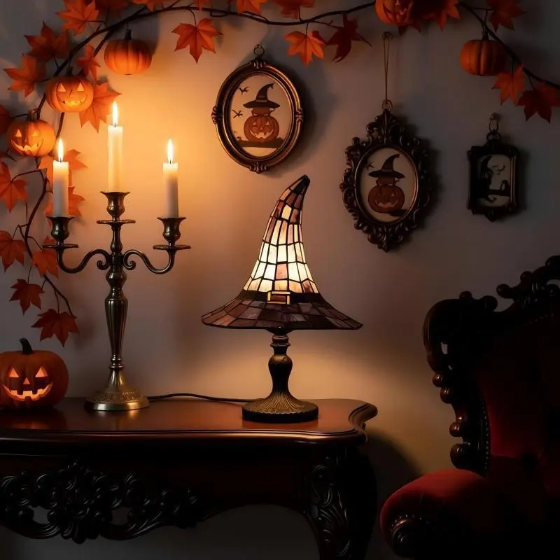 New Halloween witch hat desk lamp, with adjustable lighting design, energy-saving and environmentally friendly, retro style, suitable for bedroom or desk decoration, novel lighting, Christmas or birthday gift, with high aesthetic value