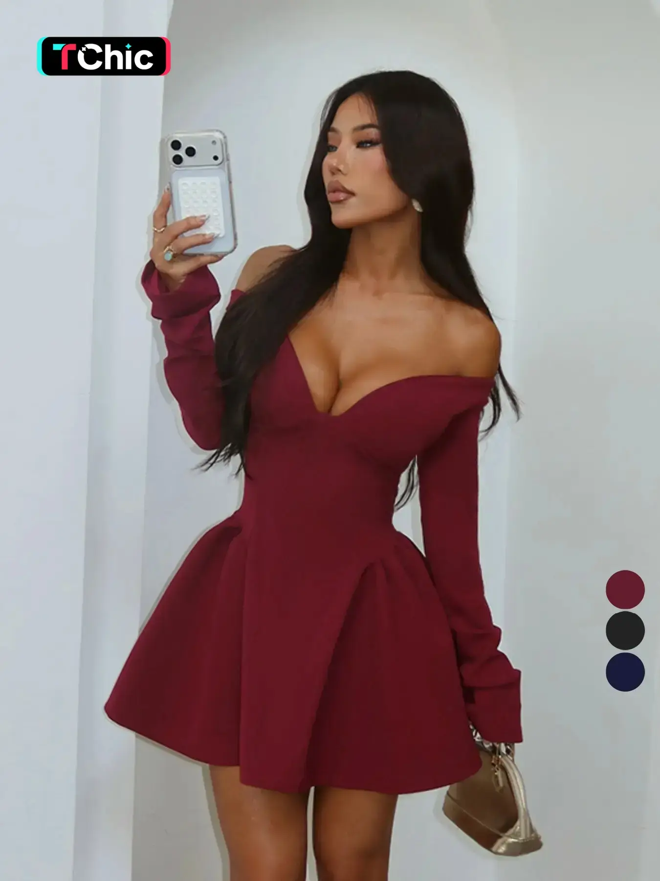 Women's Plain Off Shoulder A Line Dress - Feminine Elegant Formal Long Sleeve Outfit for Valentine's Day, Party, Wedding Guest & Holiday