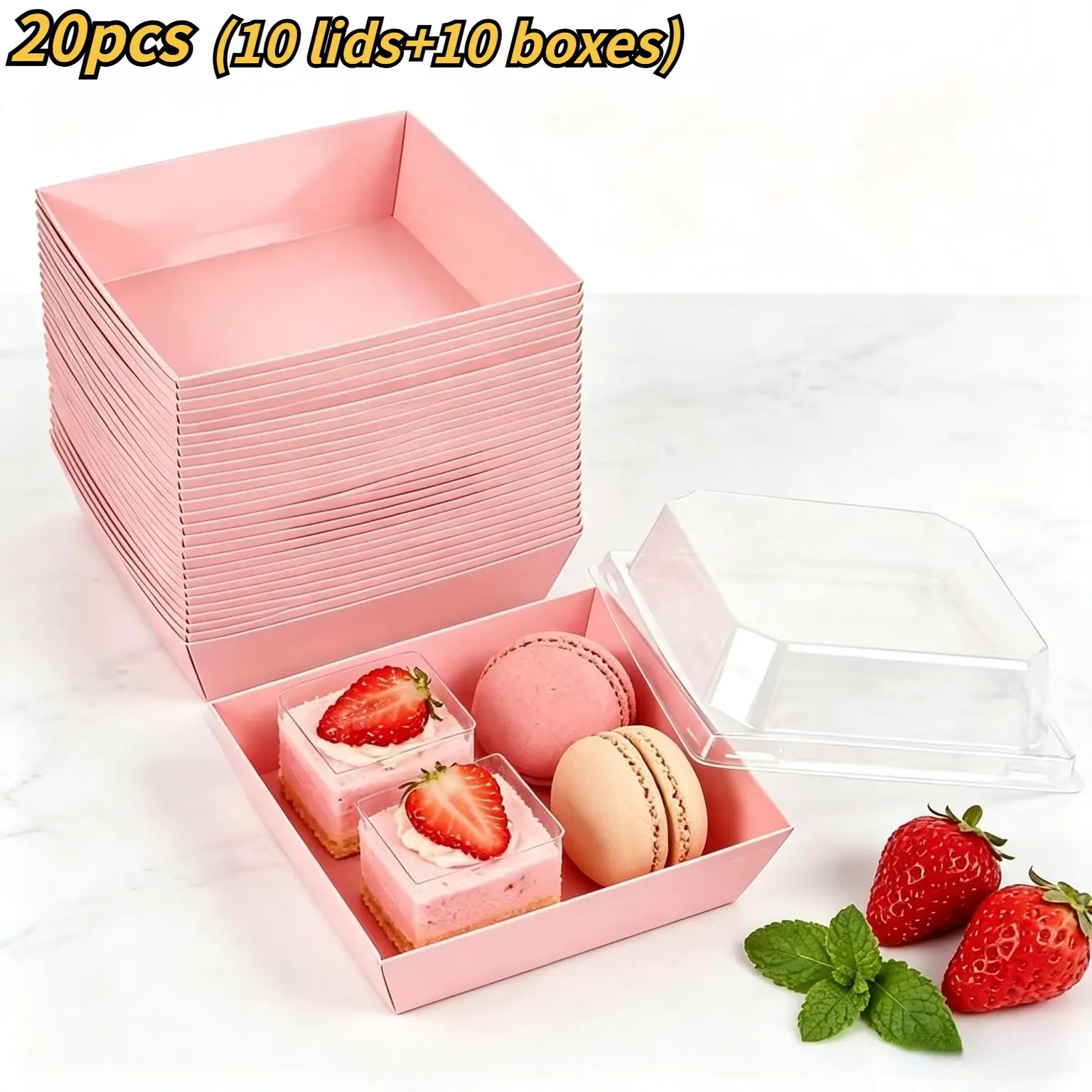 Transparent Square Food Box, Clip Closure, Multi-Use, 10 Lids + 10 Boxes, Ideal for Pastries, Desserts, Sandwiches, Disposable Packaging