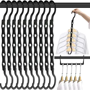 Space Saving Hangers 10 Pack, Heavy Duty Magic Cascading Hanger Organizer with 5 Enclosed Anti-Slip Holes, Closet Organizers and Storage for Clothes, College Dorm Room Essentials, Black