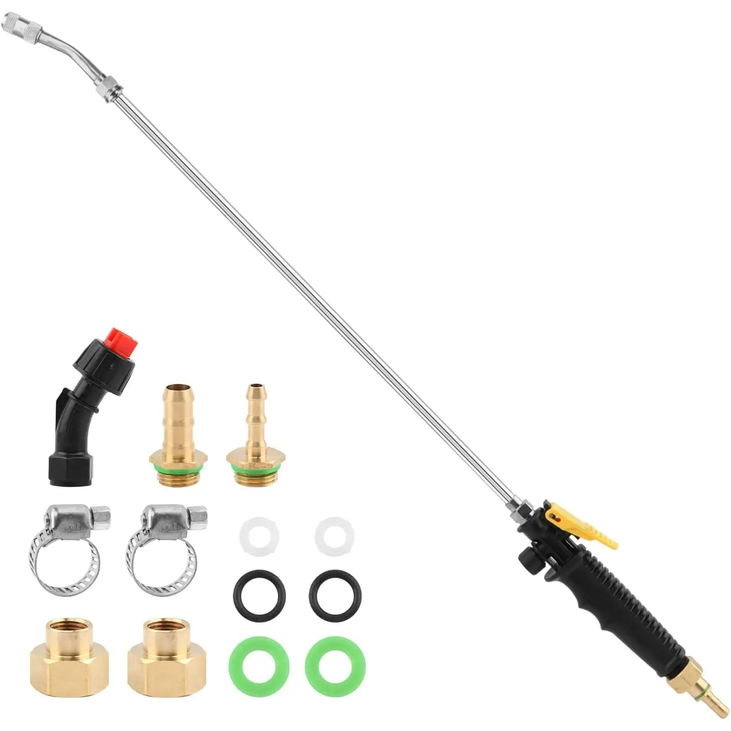 Sprayer Wand, Stainless Steel  Pump Sprayer Wand with 1/4" 3/8" Brass Barbs and 2 Hose Clamps, 28inch Adjustable  Wand , Quick Connect Handle Garden Hoses with Fan Nozzle