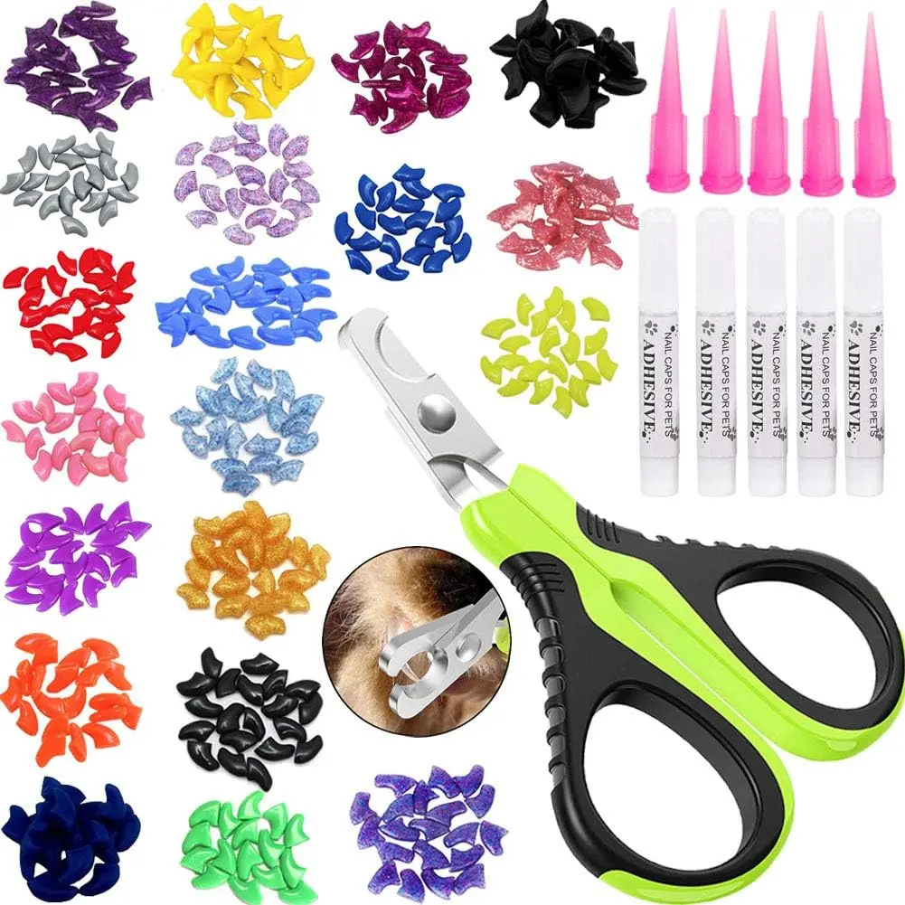 Cat Claw Cover Set - 100pcs Adhesive Covers (5 Colors, Small & Large Multi-Size Options for Proper Snug Fit), Includes Clipper & Applicators, Cat Grooming Claw Care Supplies