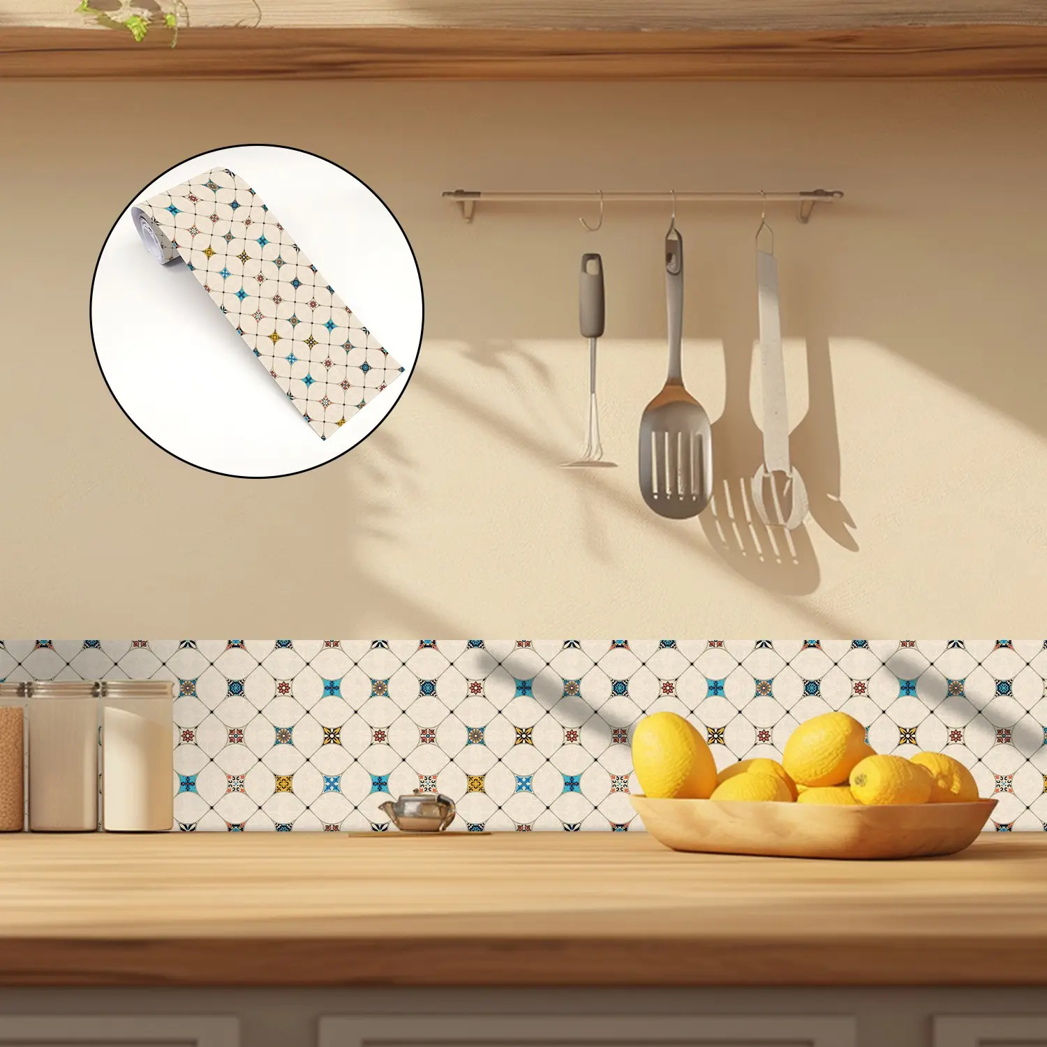 Self-Adhesive Moroccan Tile Wallpaper, French Cream Mediterranean Style, Waterproof Oil-Resistant, Cuttable, No Residue, Kitchen Bathroom Decor