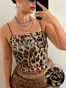 Women's Leopard Print Sequin Cami Top, Summer Comfortable Fitted Sleeveless Backless Crop Top, Casual Night Outwear