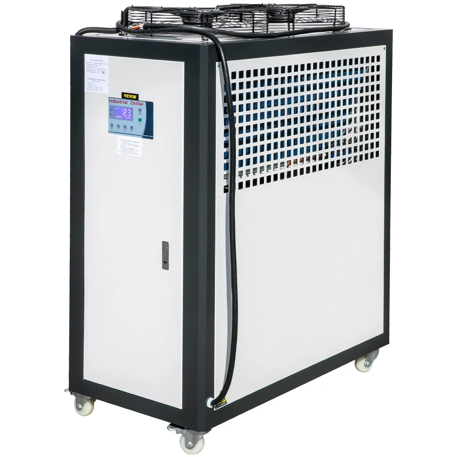 Air Cooled Water Chiller 5 Ton Portable, 5Hp 53L Tank Industrial Chiller, Finned Condenser w/Micro-Computer Control, 15KW Cooling Capacity Stainless Steel Tank Chiller Machine for Cooling Water