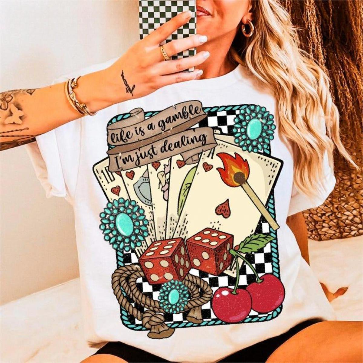Life is a Gamble Shirt, Retro Turquoise Western, Country , Wild West Gifts, Retro Cowboy Graphic Unisex Graphic Casual Short Sleeve Crew Neck,Shirt for Men & Women, Gift for Her and Him Unisex T-shirt For Man And Woman, Tshirt, Streetwear Style,