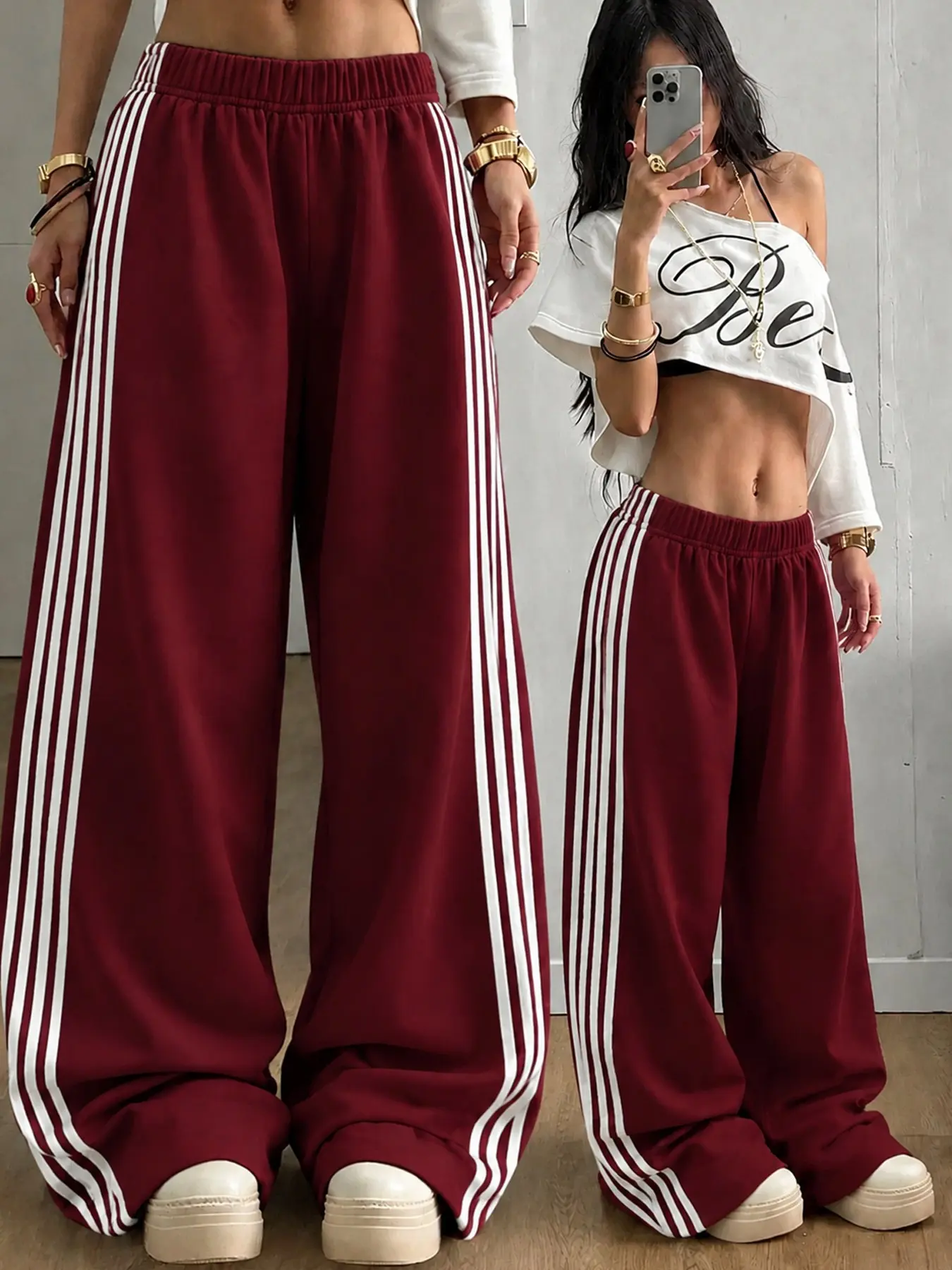 Fall Winter New Color Block Drawstring Pants, American High Waist Straight Leg, Side Stripe Pocket Wide Leg Sports Pants, Casual Dance Pants, Casual Sportswear Pants