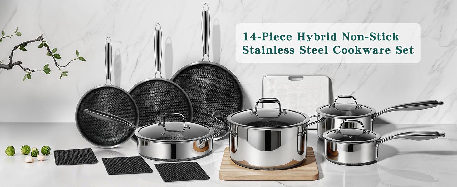 14-Piece Hybrid Stainless Steel Cookware Set, Non-Stick Pots and Pans Set with 3 Silicone Trivets| Induction Compatible Frying Pans, Saucepans, Saute Pan & Stock Pot| Oven Dishwasher Safe